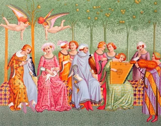 Donne di Corte che Ascoltano Musica in un Frutteto, dopo il Trionfo della Morte affresco nel Camposanto Monumentale, Pisa, di Buonamico Buffalmacco, da 